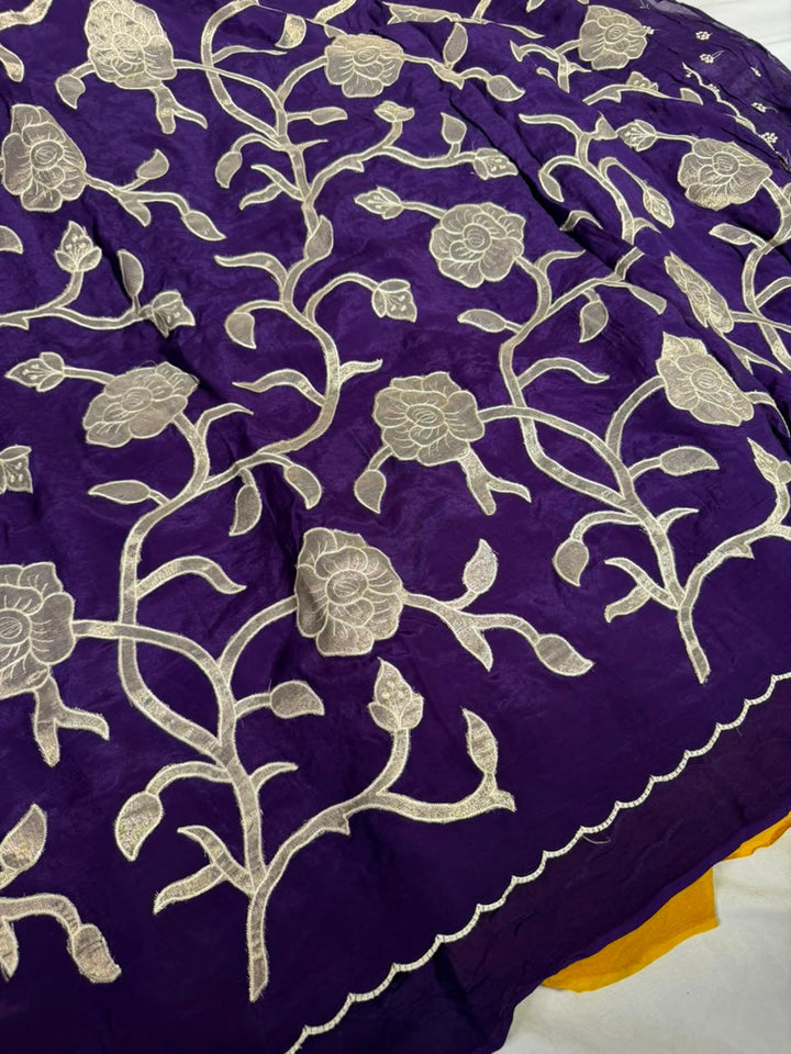 Bright Purple Khaddi Georgette Appliqué Work Saree