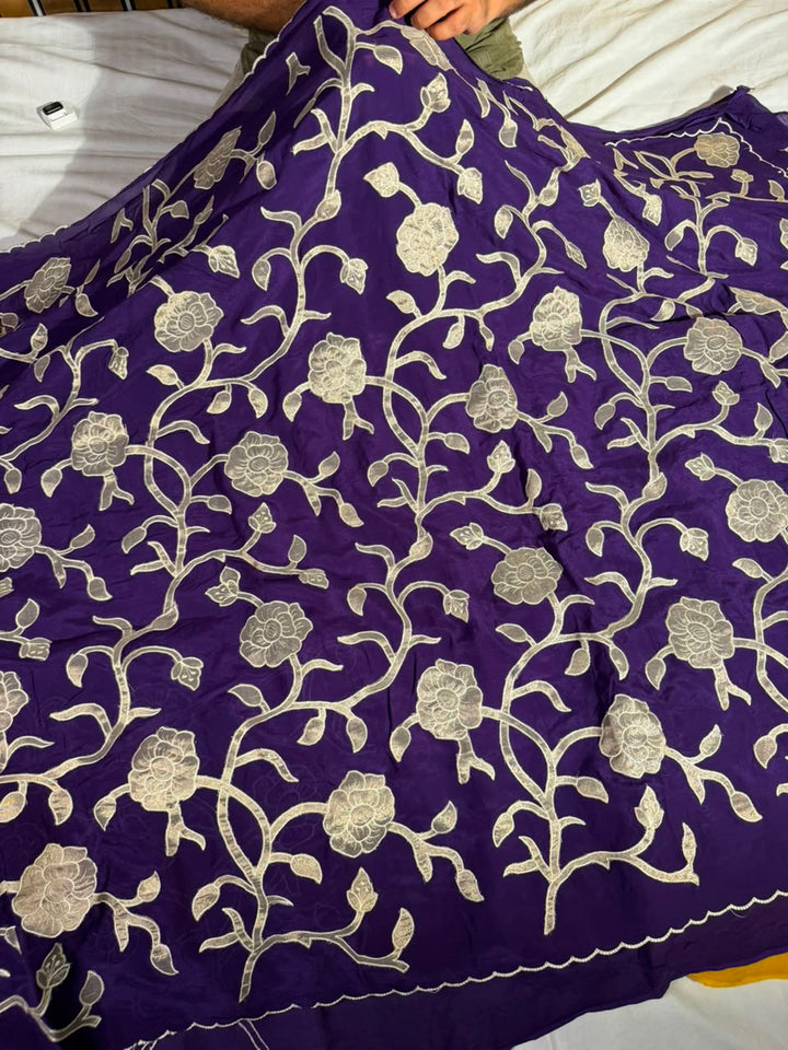 Bright Purple Khaddi Georgette Appliqué Work Saree