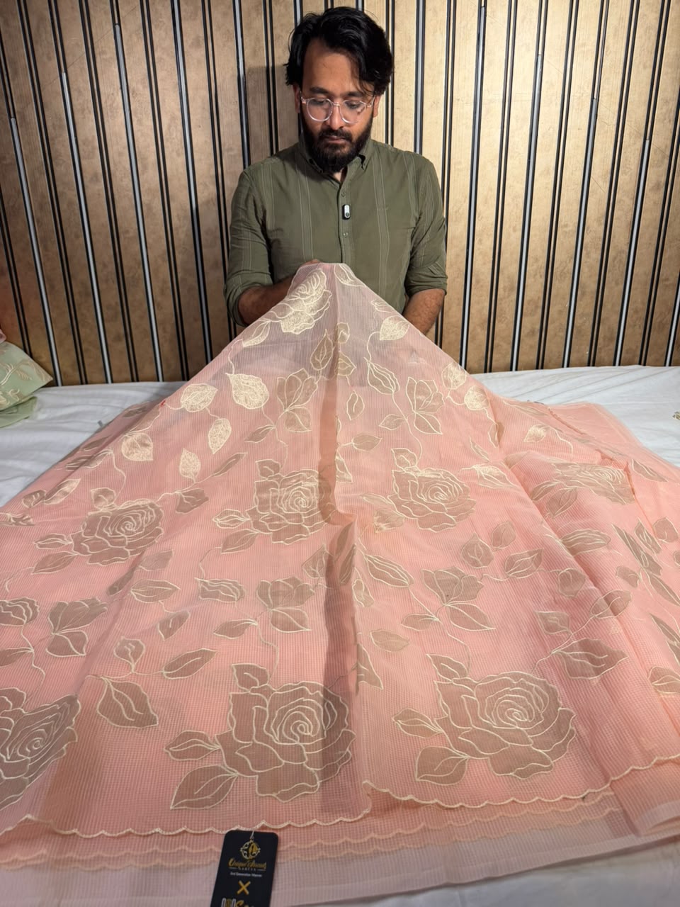 Light Peach Kota Cotton Appliqué Work Saree