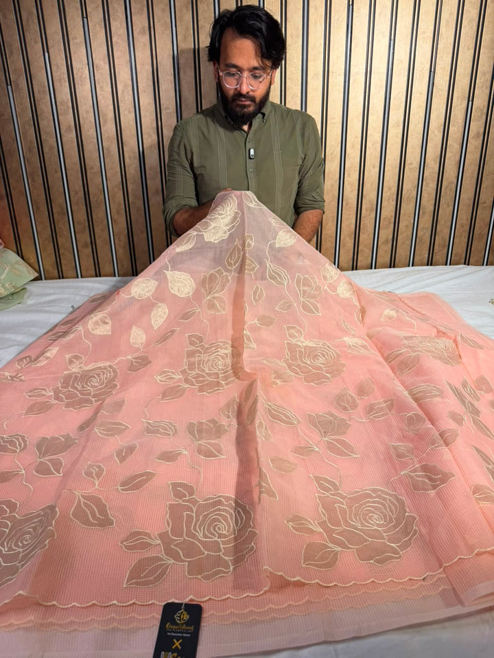 Light Peach Kota Cotton Appliqué Work Saree