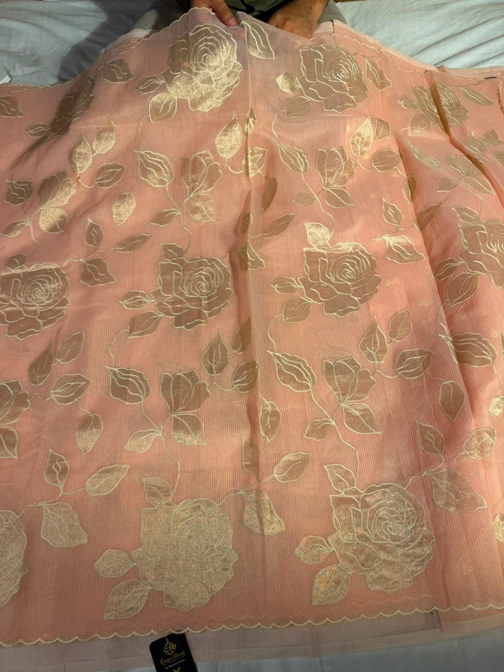 Light Peach Kota Cotton Appliqué Work Saree