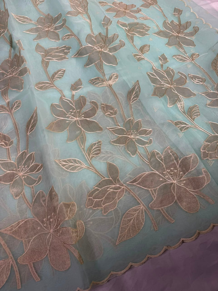 Sea blue Organza Banarasi Appliqué Work Saree