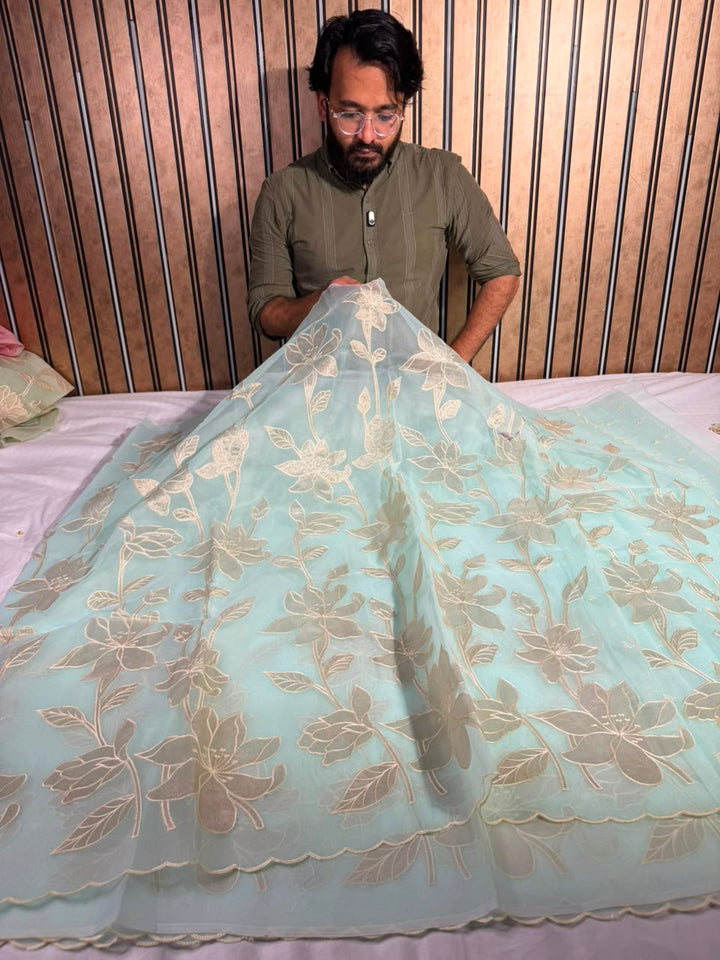 Sea blue Organza Banarasi Appliqué Work Saree