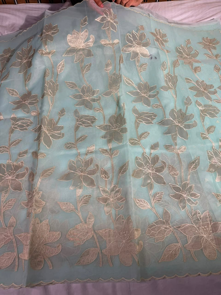 Sea blue Organza Banarasi Appliqué Work Saree