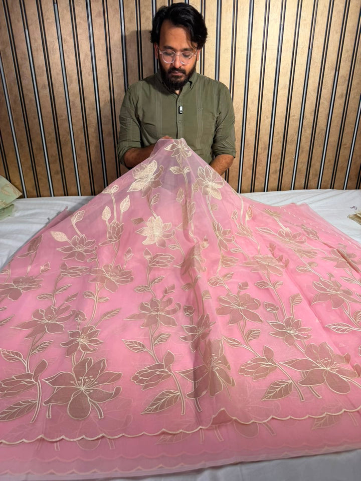 Baby Pink Kota Banarasi Applique Work Saree