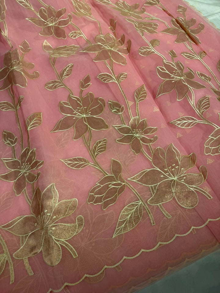 Baby Pink Kota Banarasi Applique Work Saree