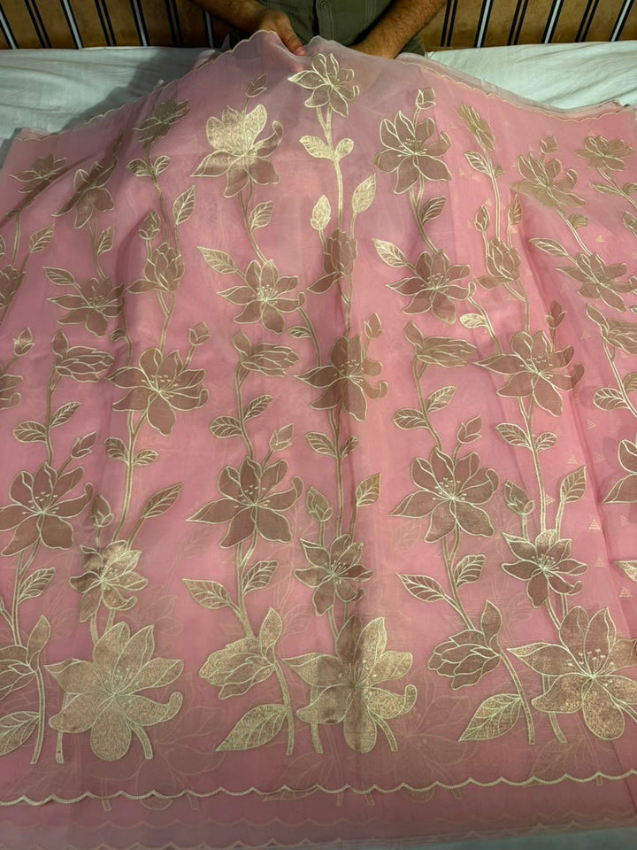Baby Pink Kota Banarasi Applique Work Saree