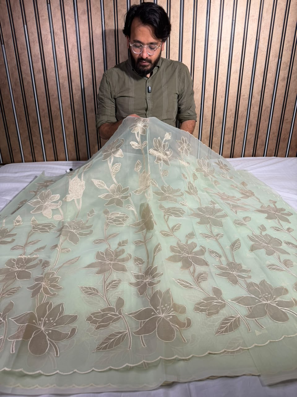 Sea Green Organza Banarasi Appliqué Work Saree