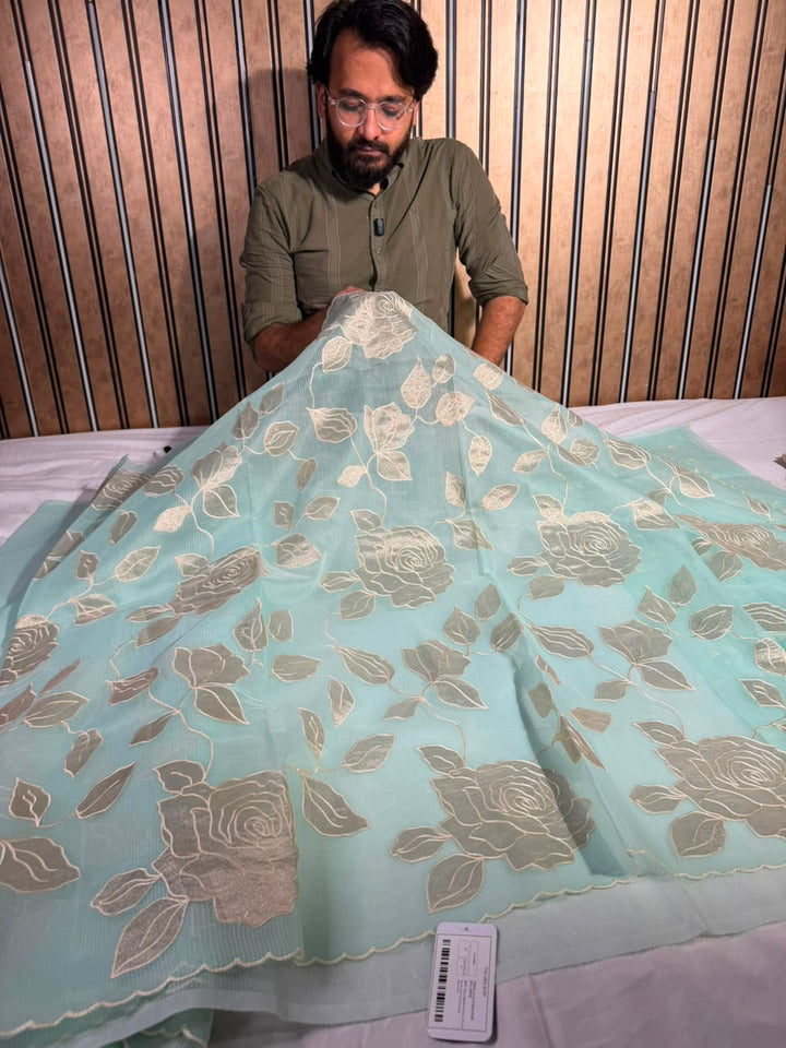 Sea Blue Kota Cotton Appliqué Work Saree