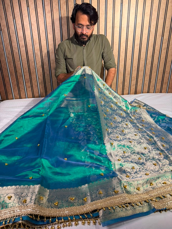 Rare Baigani Viral Ghungroo Work Tissue Saree
