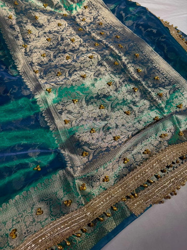 Rare Baigani Viral Ghungroo Work Tissue Saree