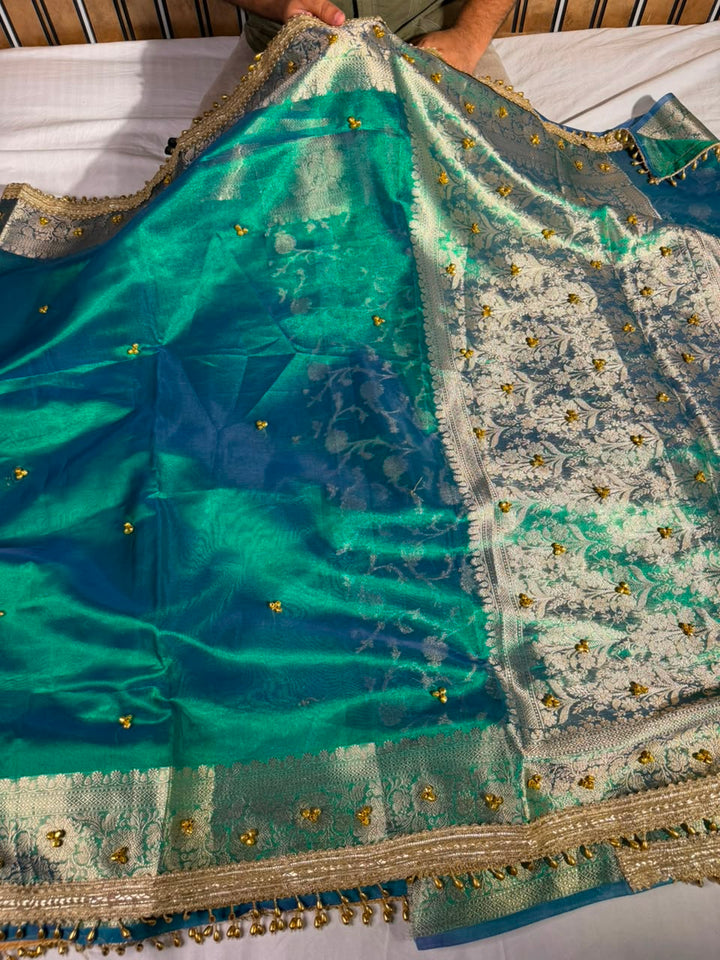Rare Baigani Viral Ghungroo Work Tissue Saree