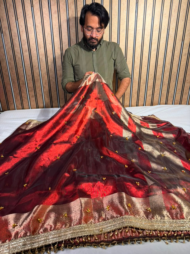 Dark Maroon Viral Ghungroo Work Tissue Saree