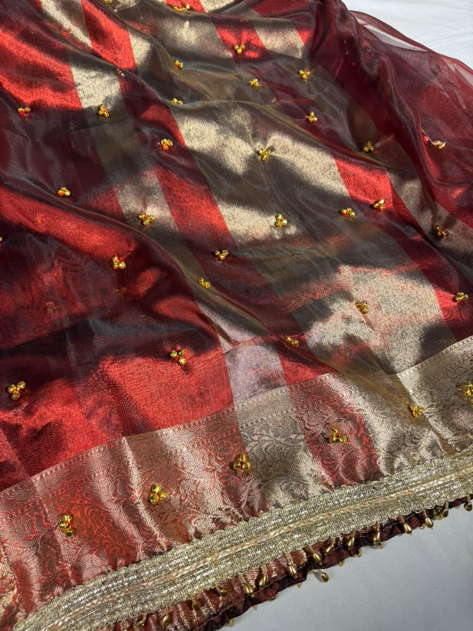 Dark Maroon Viral Ghungroo Work Tissue Saree