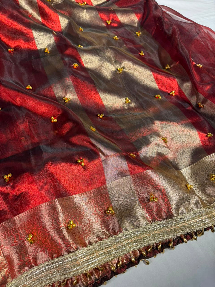 Dark Maroon Viral Ghungroo Work Tissue Saree