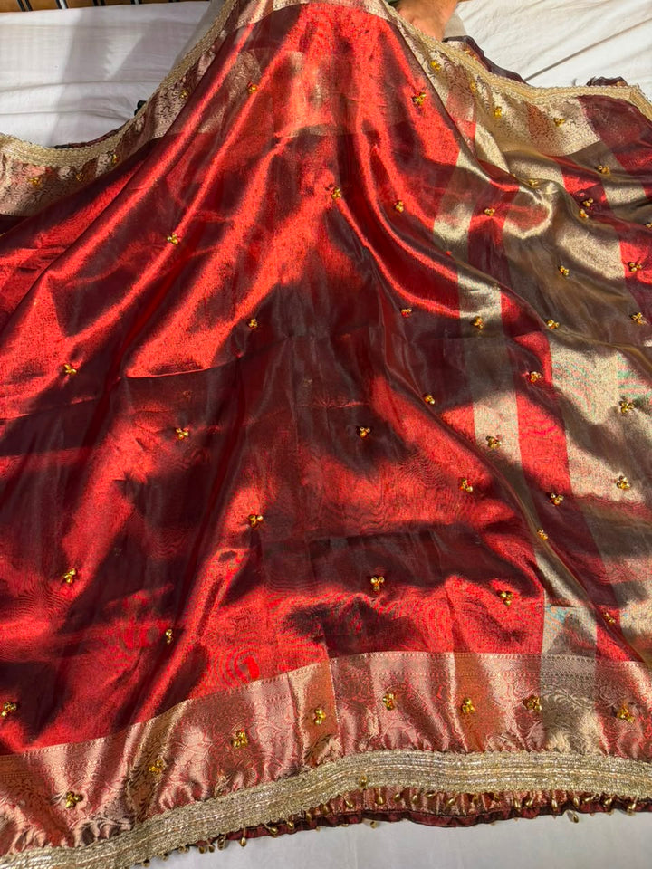 Dark Maroon Viral Ghungroo Work Tissue Saree