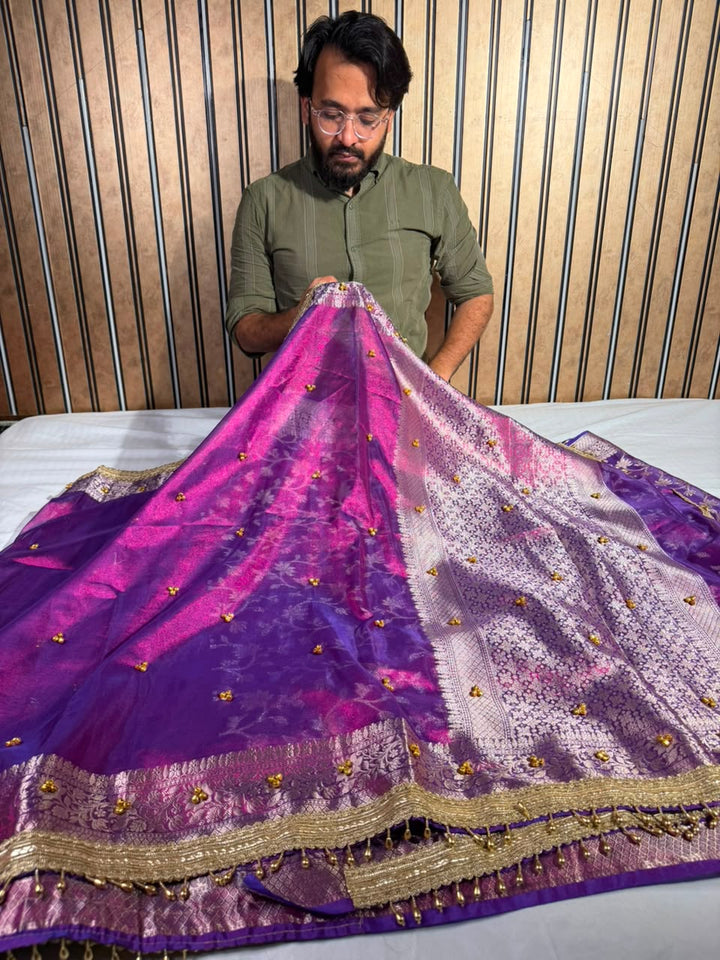 Rare Baigani Viral Ghungroo Work Tissue Saree