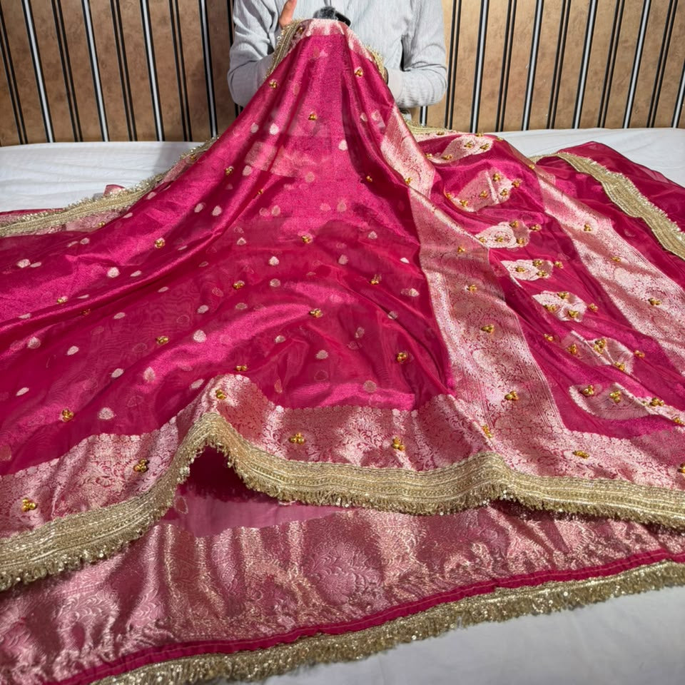 Metallic Rani Kora Tissue Viral Ghungroo Work Saree