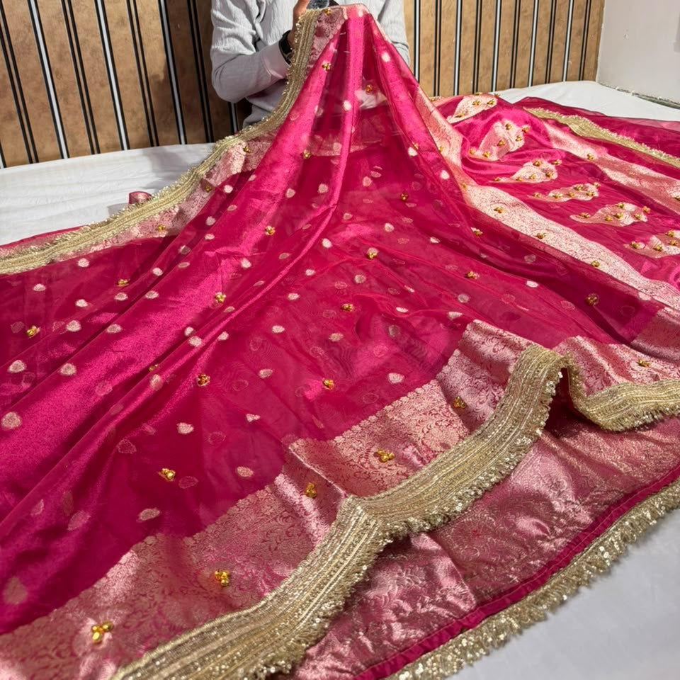 Metallic Rani Kora Tissue Viral Ghungroo Work Saree