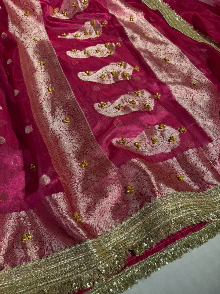 Metallic Rani Kora Tissue Viral Ghungroo Work Saree