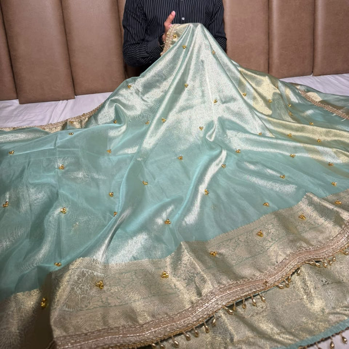 Sea Green Viral Ghungroo Work Tissue Saree