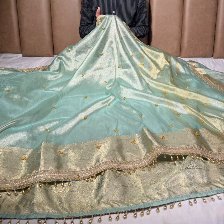 Sea Green Viral Ghungroo Work Tissue Saree