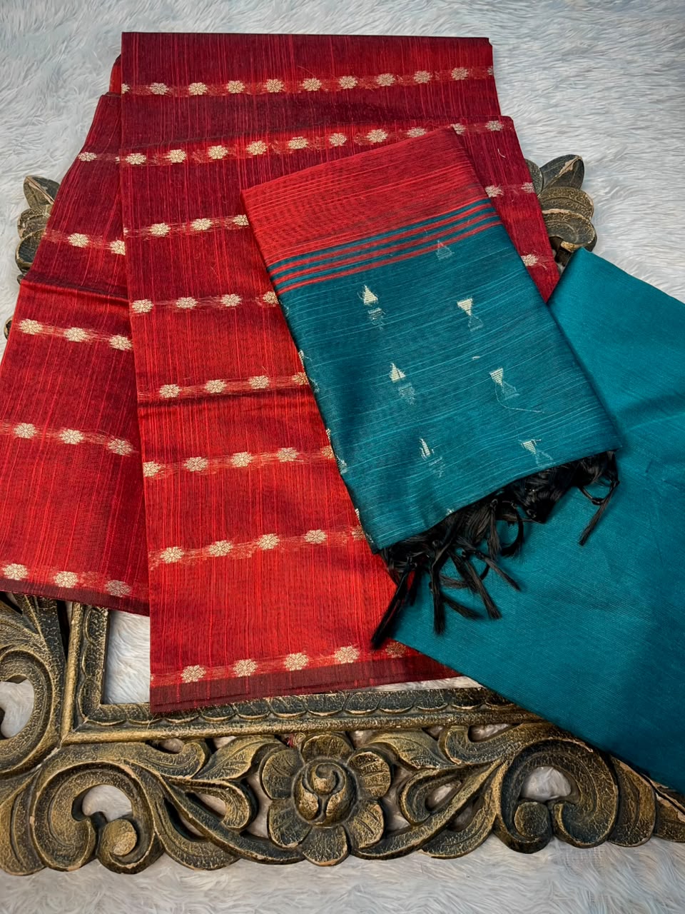 Red-Blue Soft Cotton Banarasi Suit Set