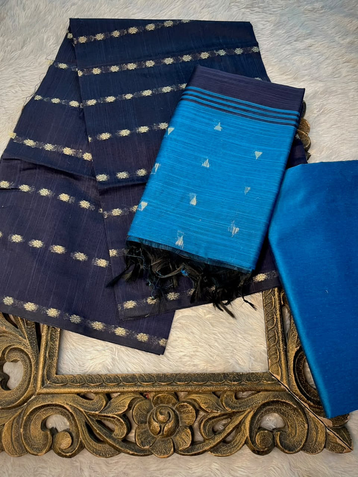 Navy & Peacock Blue Shade Soft Cotton Banarasi Suit Set