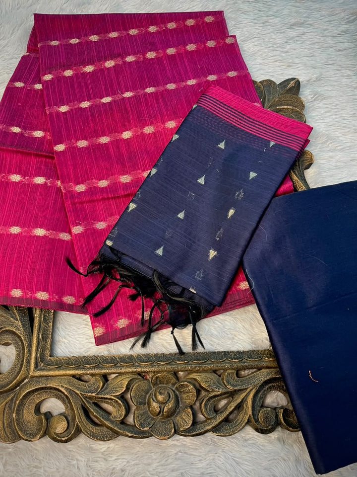 Rani Pink-Navy Shade Soft Cotton Banarasi Suit Set