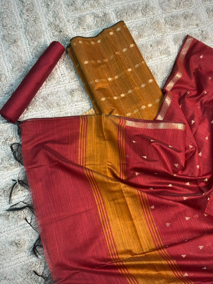 Musterd Red Soft Cotton Banarasi Suit Set