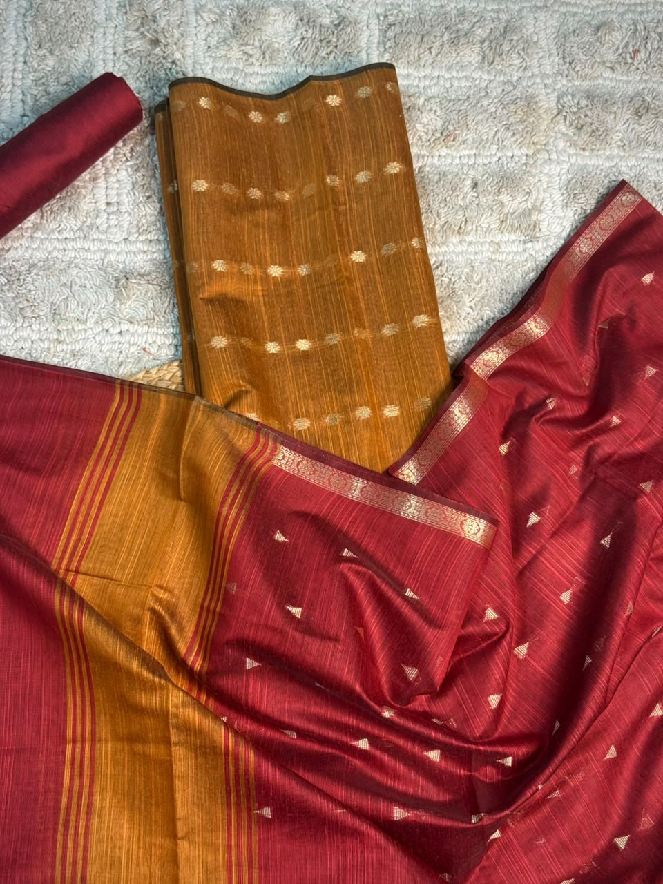 Musterd Red Soft Cotton Banarasi Suit Set