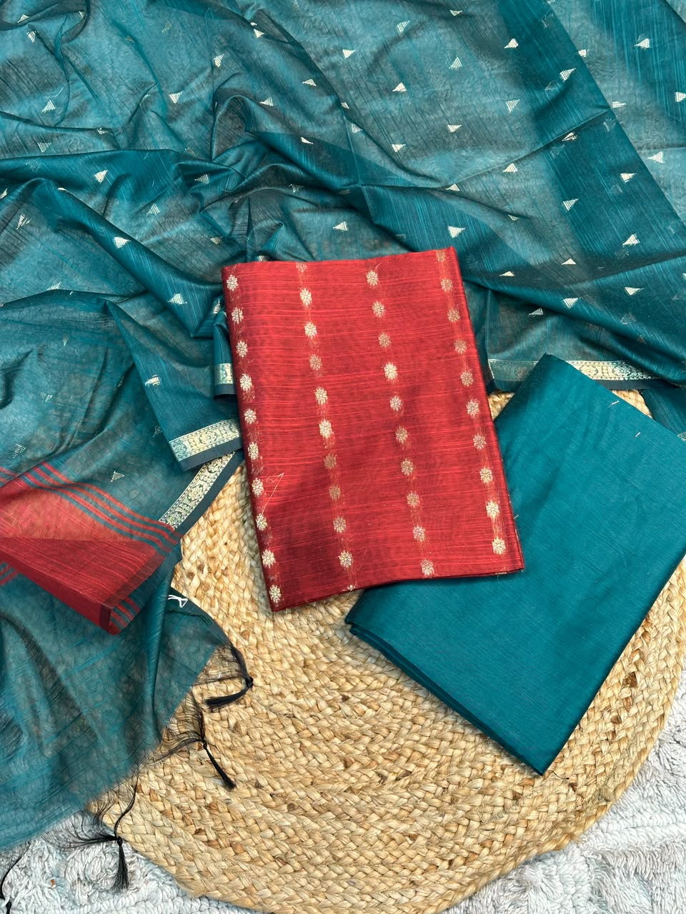 Red-Blue Soft Cotton Banarasi Suit Set