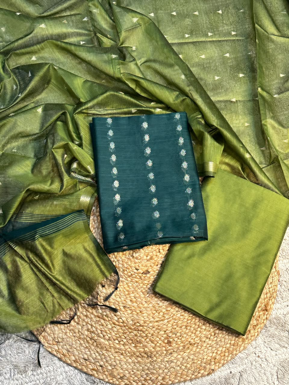 Bottle Green Mehdi Soft Cotton Banarasi Suit Set
