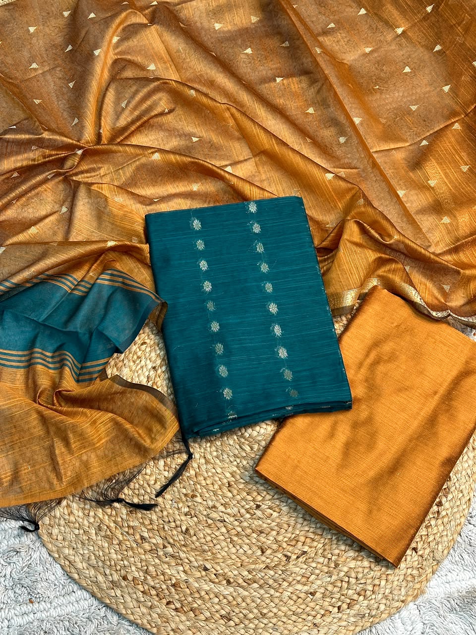 Sapphire-Gold Soft Cotton Banarasi Suit Set
