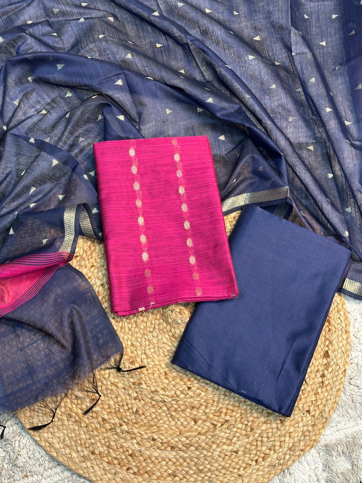 Rani Pink-Navy Shade Soft Cotton Banarasi Suit Set
