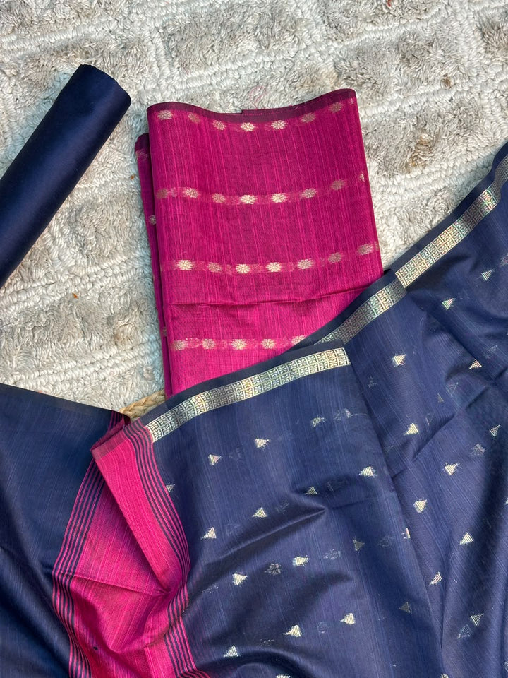 Rani Pink-Navy Shade Soft Cotton Banarasi Suit Set