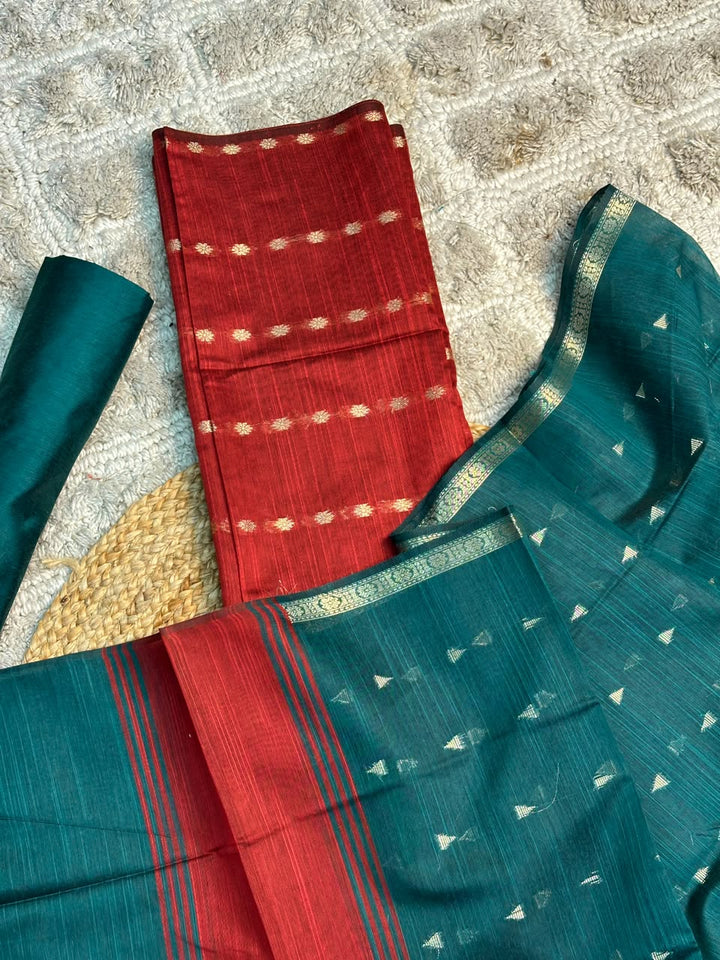 Red-Blue Soft Cotton Banarasi Suit Set