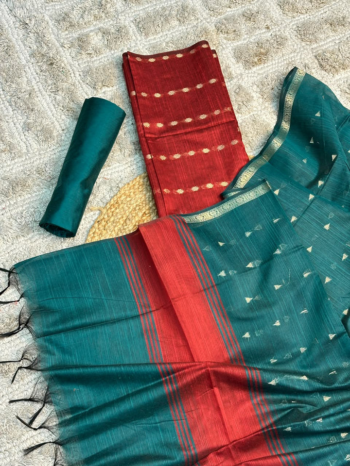 Red-Blue Soft Cotton Banarasi Suit Set