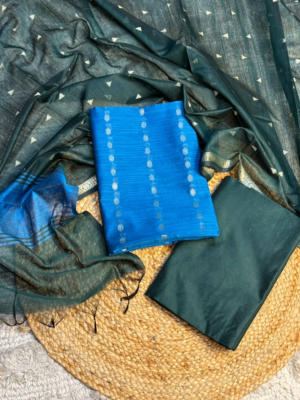 Blue-Dark Green Shade Soft Cotton Banarasi Suit Set