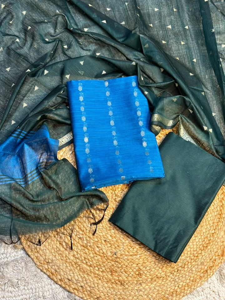 Blue-Dark Green Shade Soft Cotton Banarasi Suit Set