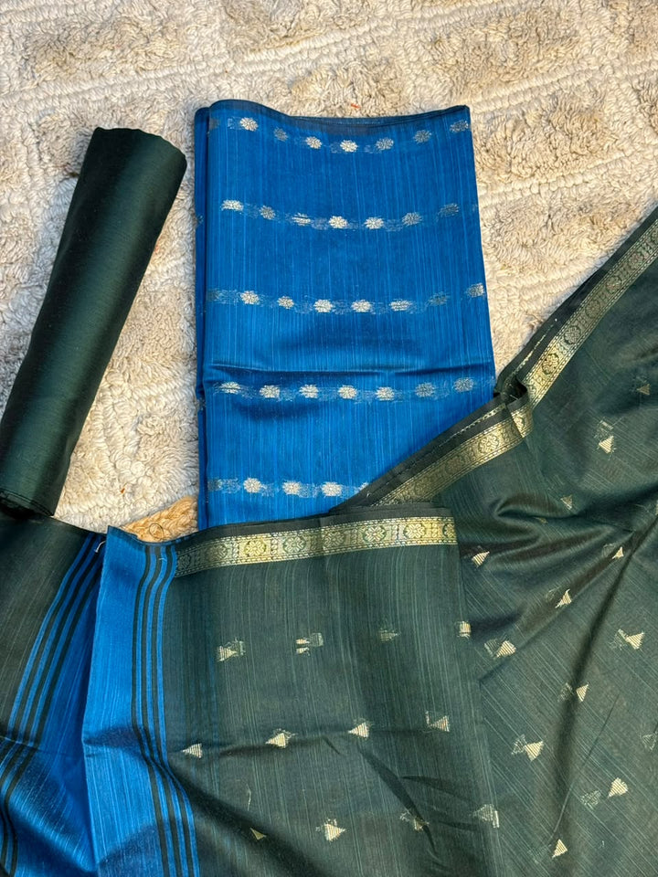 Blue-Dark Green Shade Soft Cotton Banarasi Suit Set
