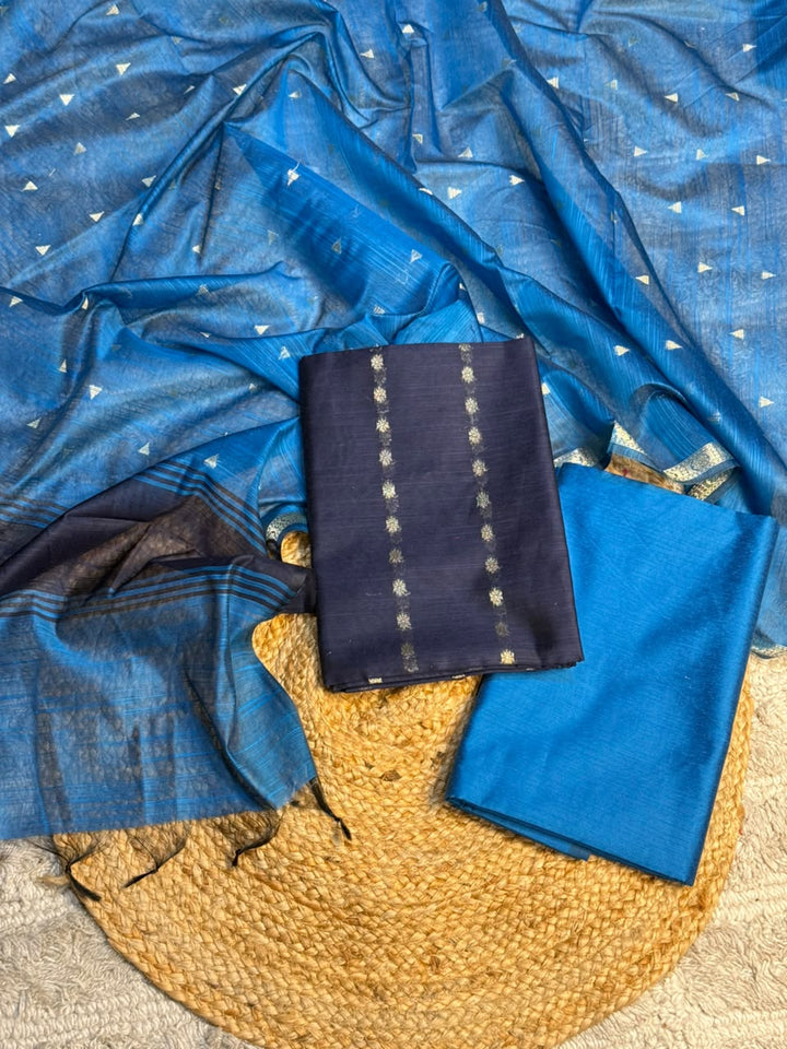 Navy & Peacock Blue Shade Soft Cotton Banarasi Suit Set