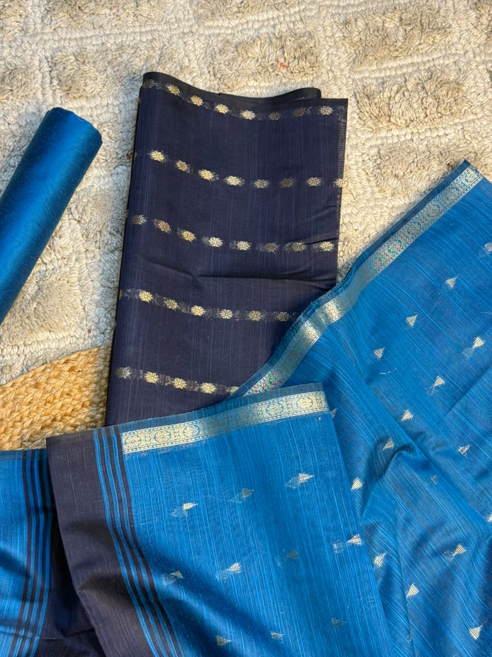 Navy & Peacock Blue Shade Soft Cotton Banarasi Suit Set