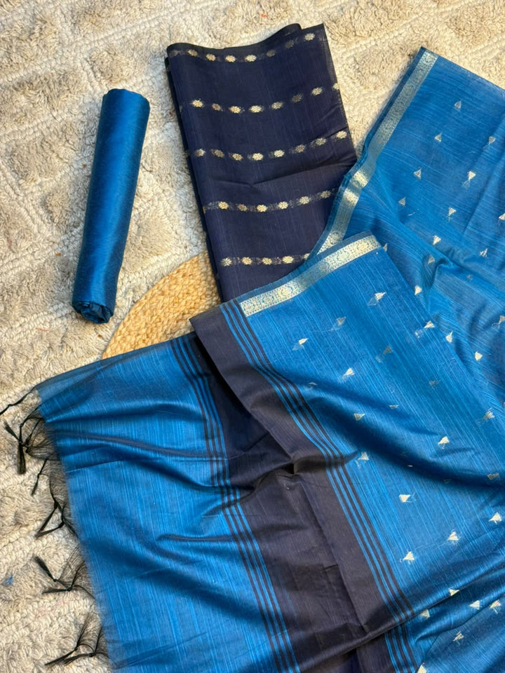 Navy & Peacock Blue Shade Soft Cotton Banarasi Suit Set