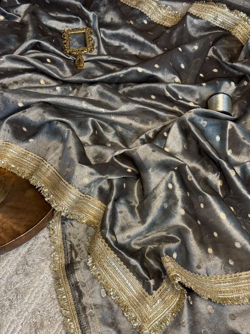 Light Brown Tissue Silk Zari Buti Gota Lace Work Banarasi Saree