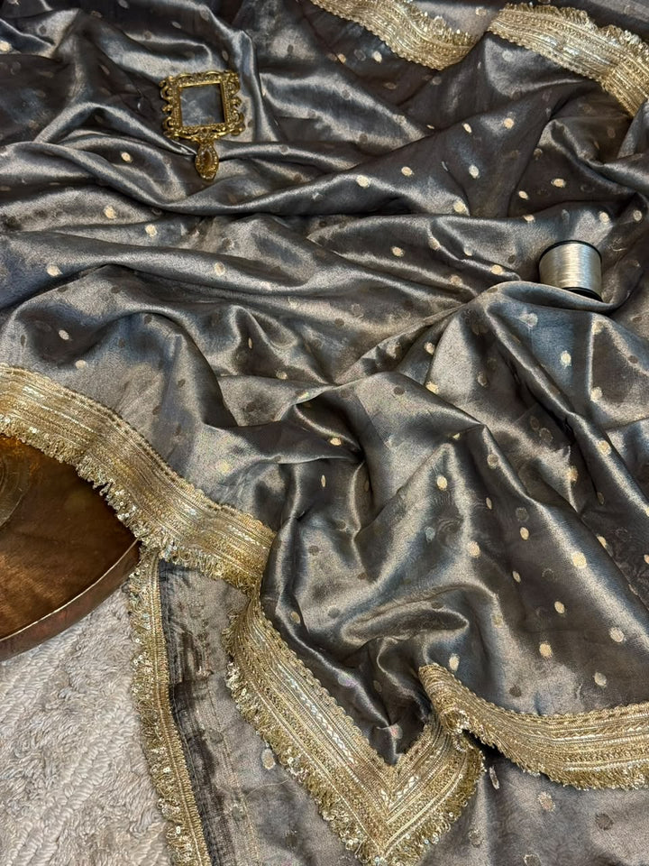 Light Brown Tissue Silk Zari Buti Gota Lace Work Banarasi Saree