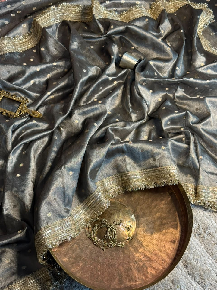 Light Brown Tissue Silk Zari Buti Gota Lace Work Banarasi Saree