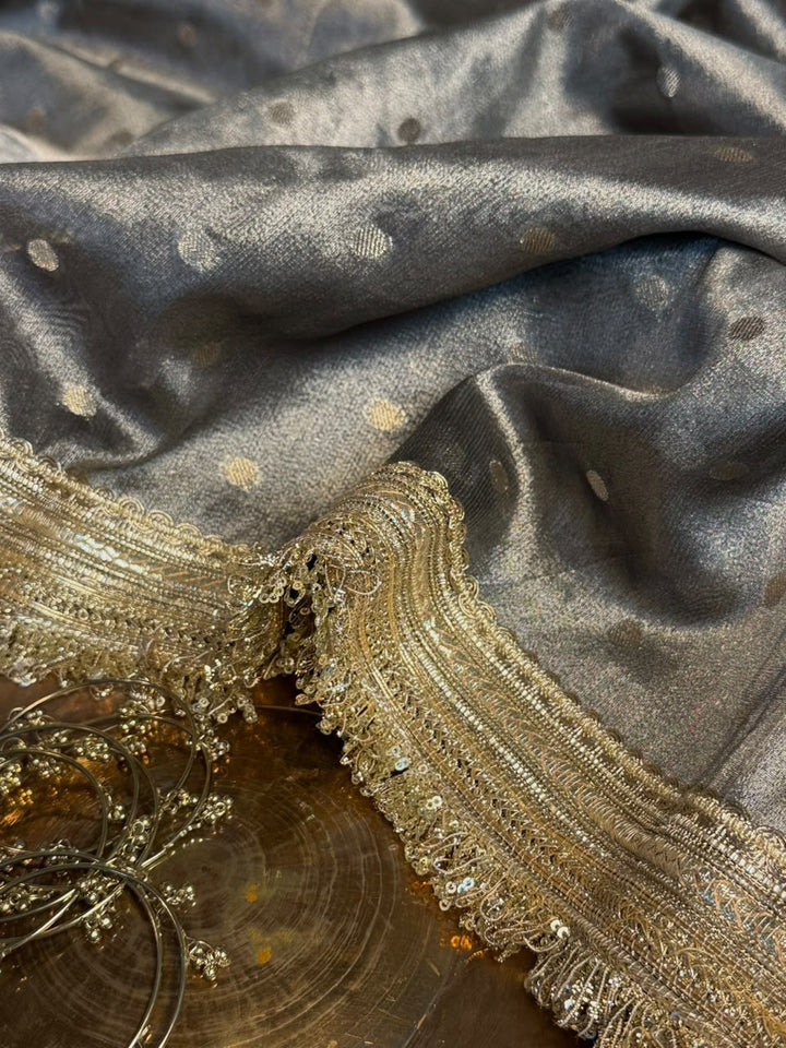 Light Brown Tissue Silk Zari Buti Gota Lace Work Banarasi Saree
