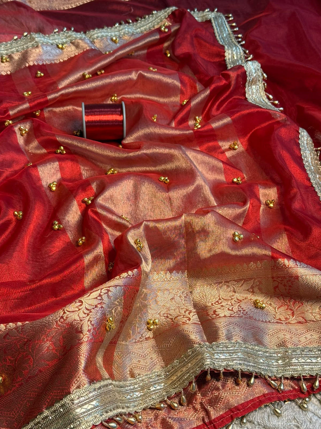 Carmine Red Tissue Silk Ghungroo Work Saree