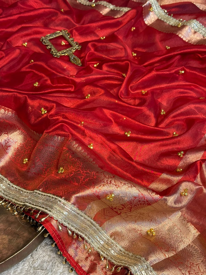 Carmine Red Tissue Silk Ghungroo Work Saree